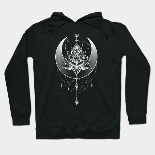 Celestial Crescent Moon and Lotus Flower Design Hoodie by Helena Morpho 